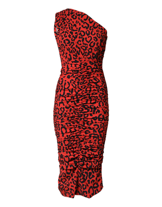 Abito midi in nylon con stampa leopardata rossa Dolce &amp; Gabbana
