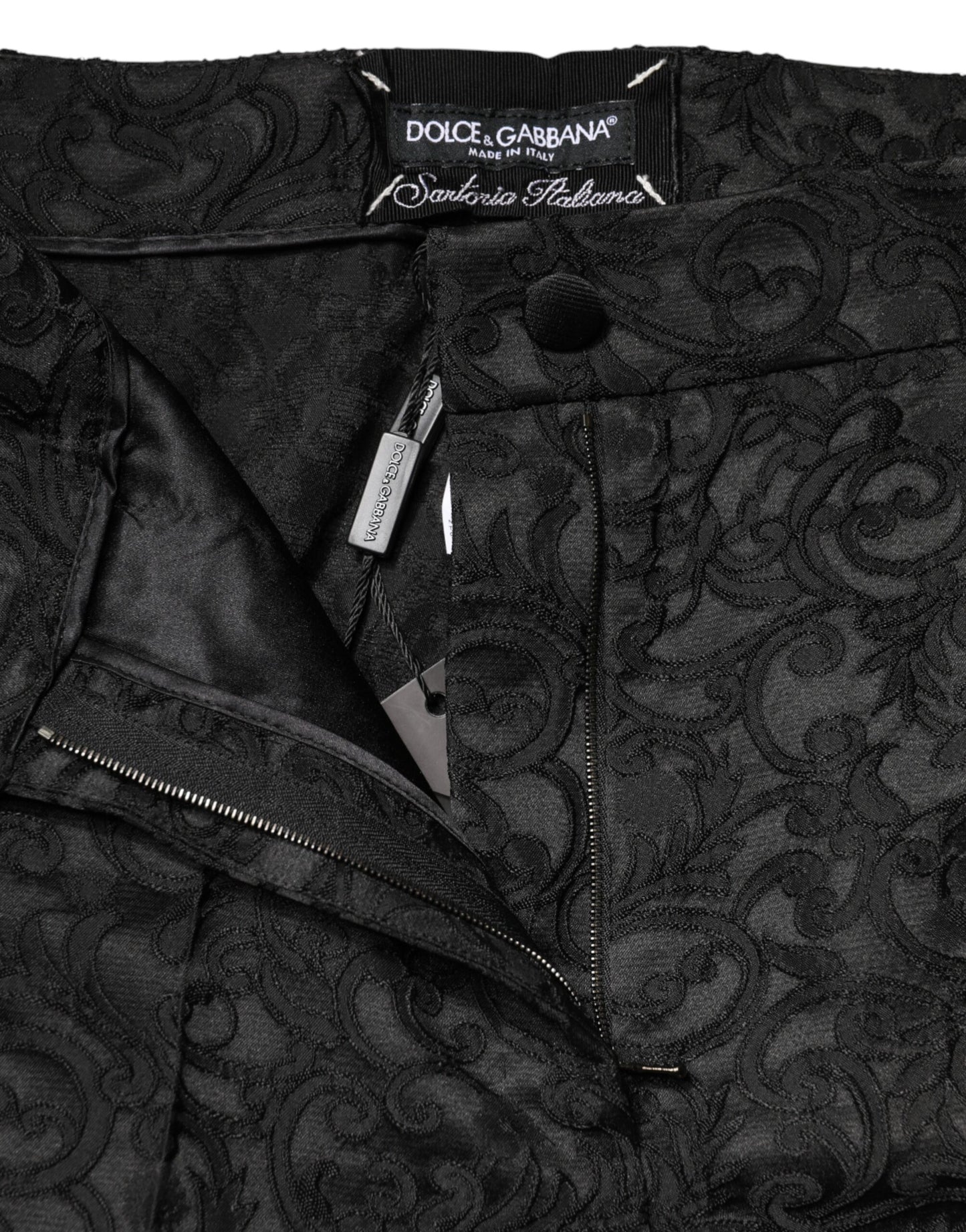 Dolce & Gabbana Black Floral Brocade High Waisted Trouser Pants