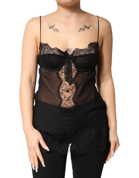 Dolce & Gabbana Black Silk Floral Lace Chemise Lingerie Top
