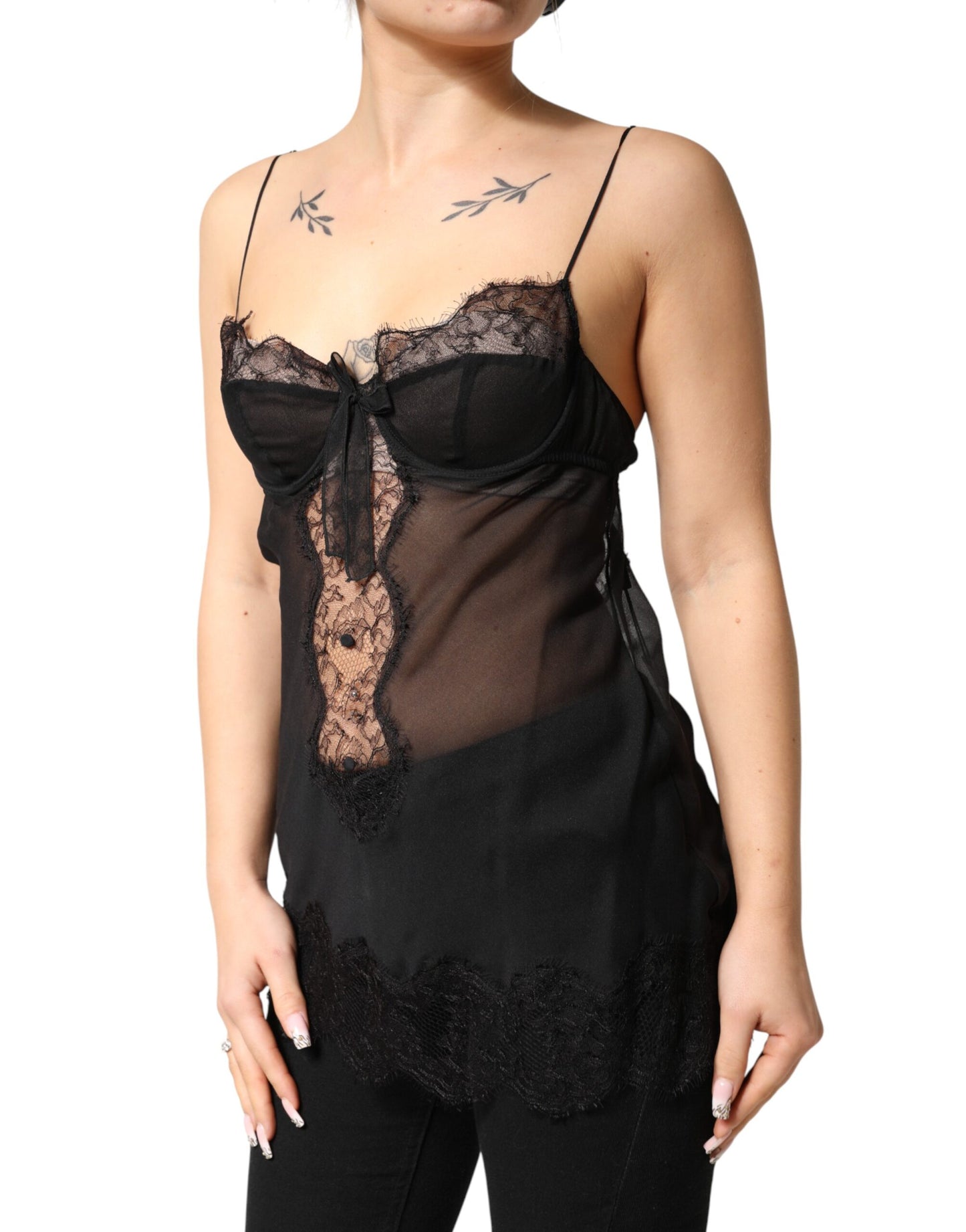 Dolce & Gabbana Black Silk Floral Lace Chemise Lingerie Top